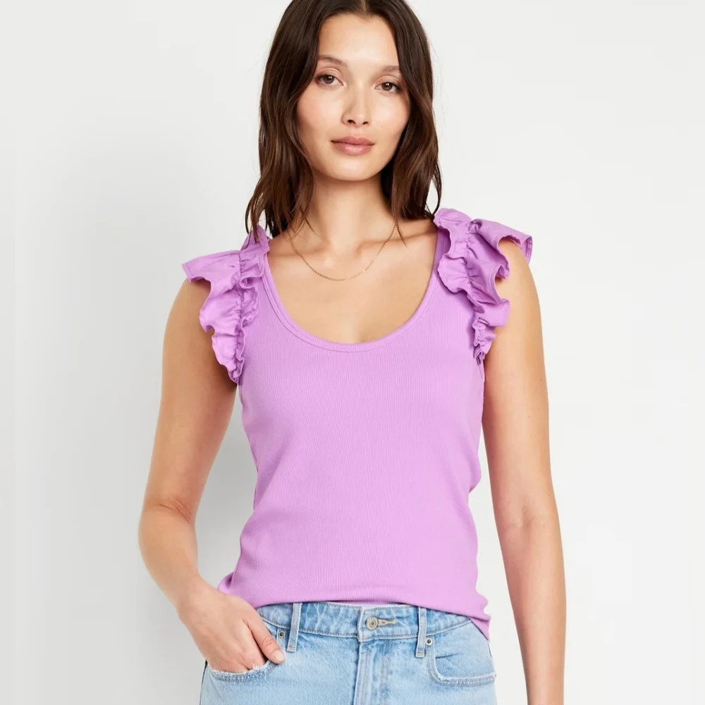 OLD NAVY MIXED FABRIC RUFFLED TANK TOP PINK ROCK ROSE Medium NEW WITH TAGS NWT - Picture 2 of 3